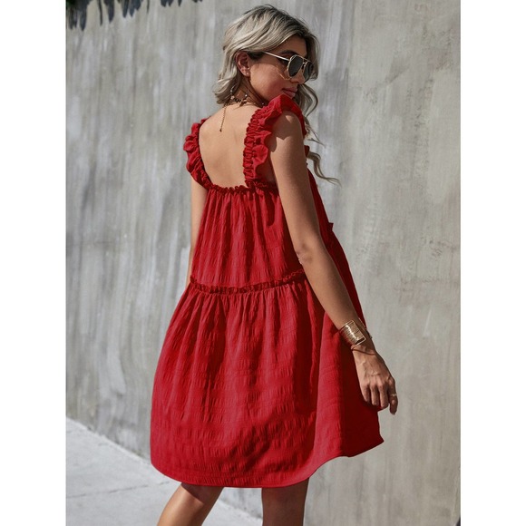 Boho Frill Trim Ruffle Hem square neck Dress red - Picture 2 of 7